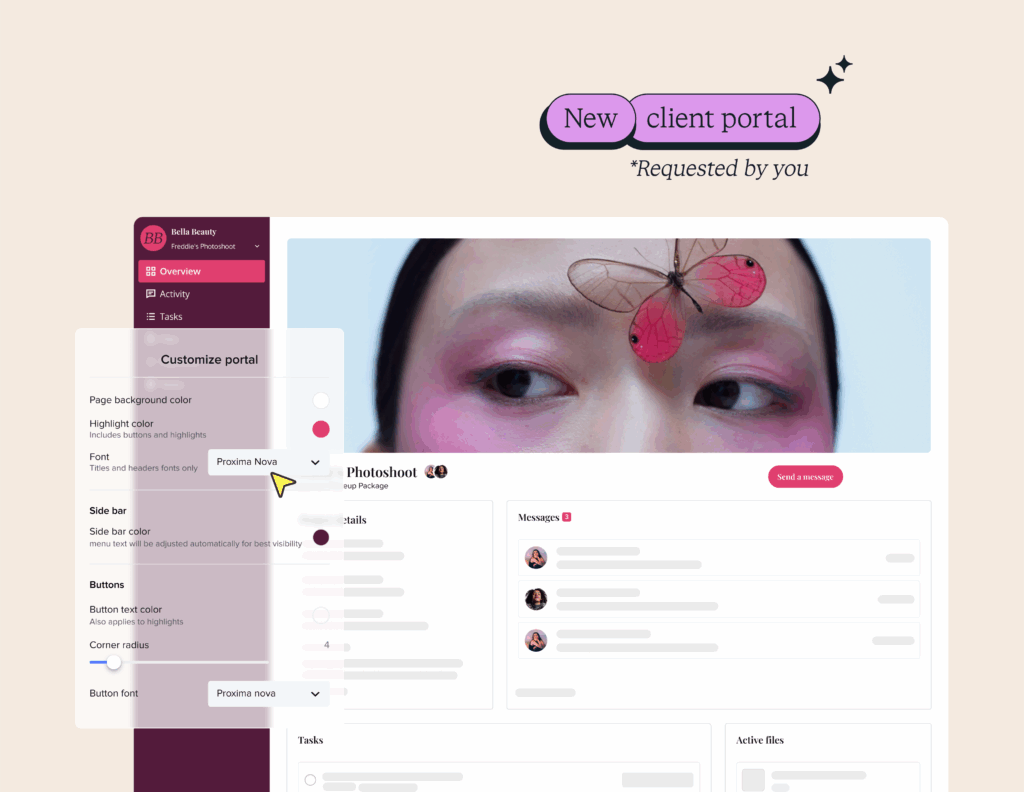 HoneyBook client portal showing branding controls, project details, messages, tasks, and files