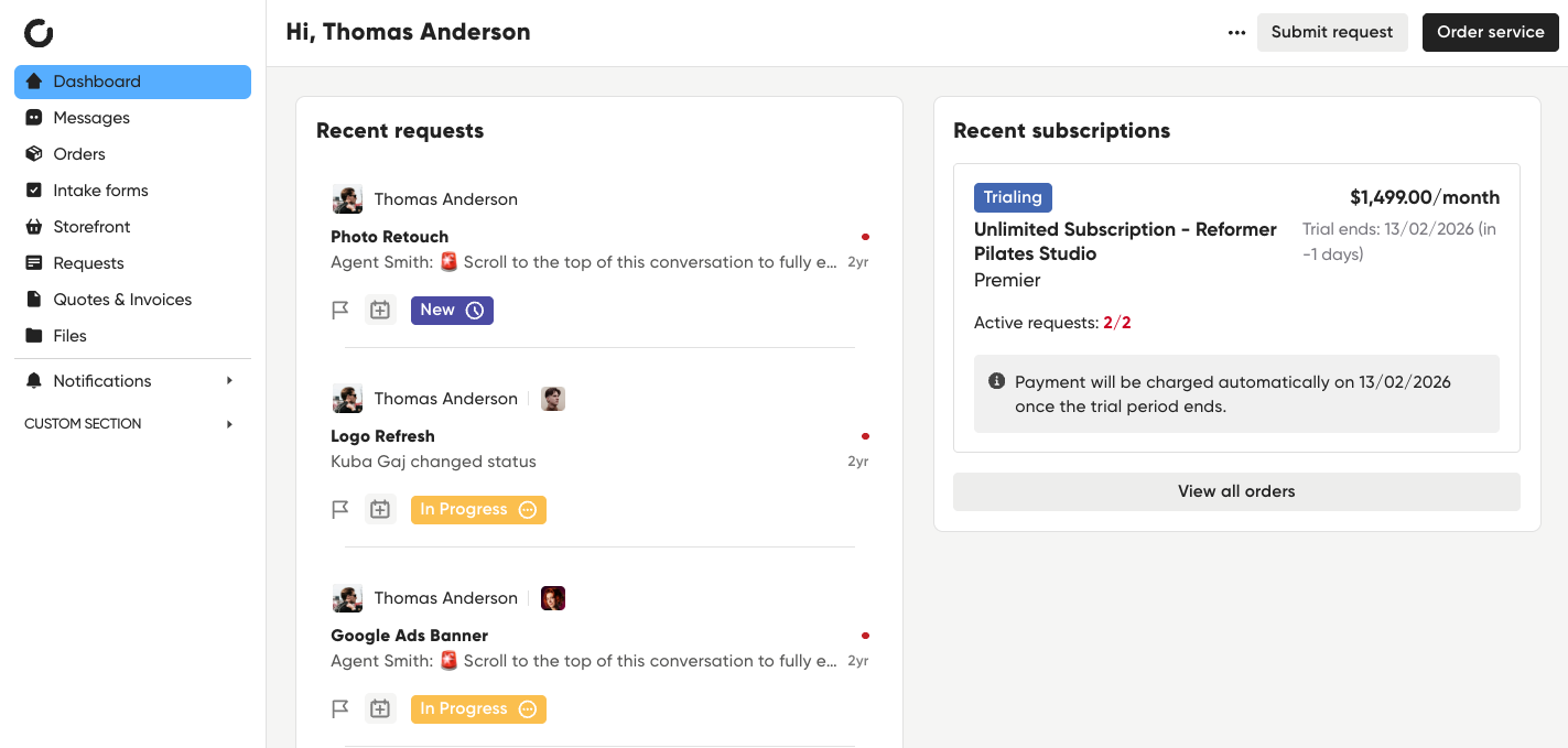 Zendo client dashboard with requests, subscriptions, orders, messages, and files