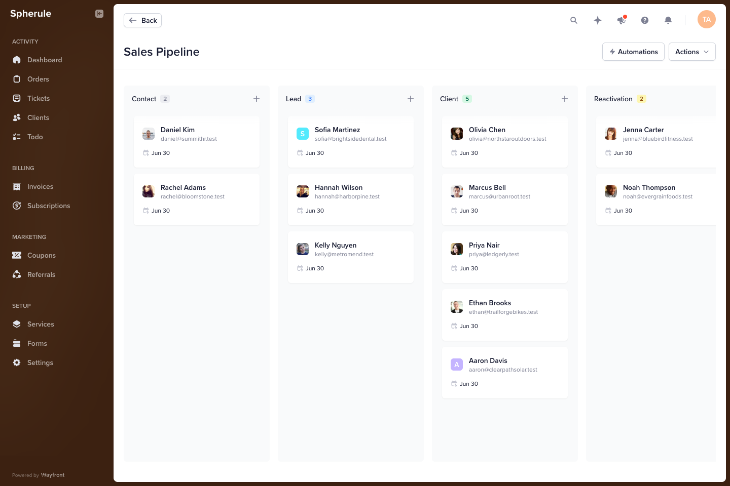 Wayfront sales pipeline kanban
