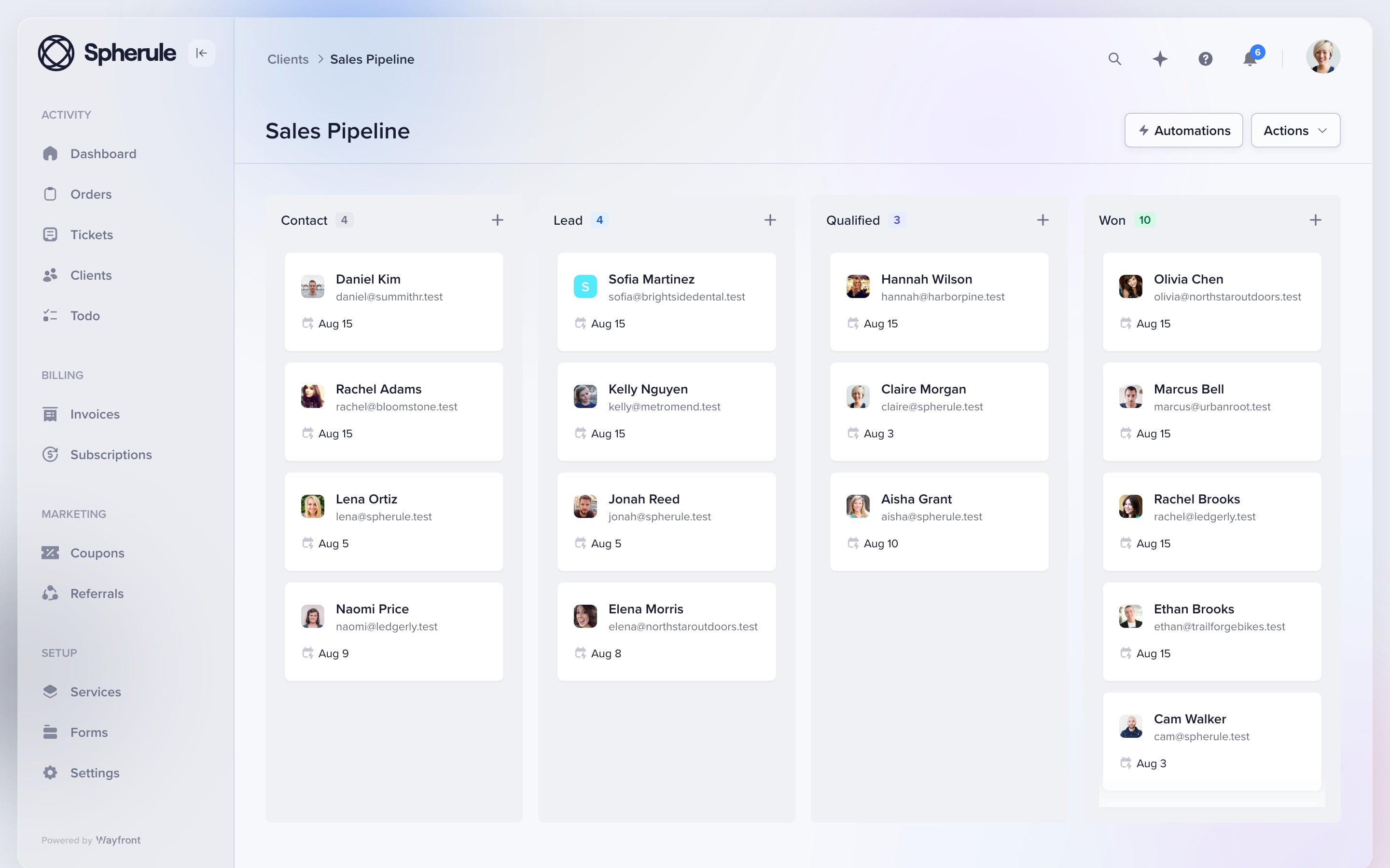 Wayfront sales pipeline kanban
