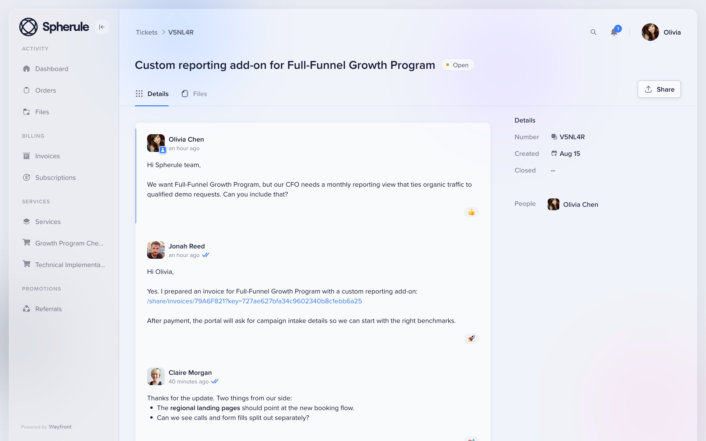 Wayfront redesigned client portal showing a support conversation attached to a paid growth service