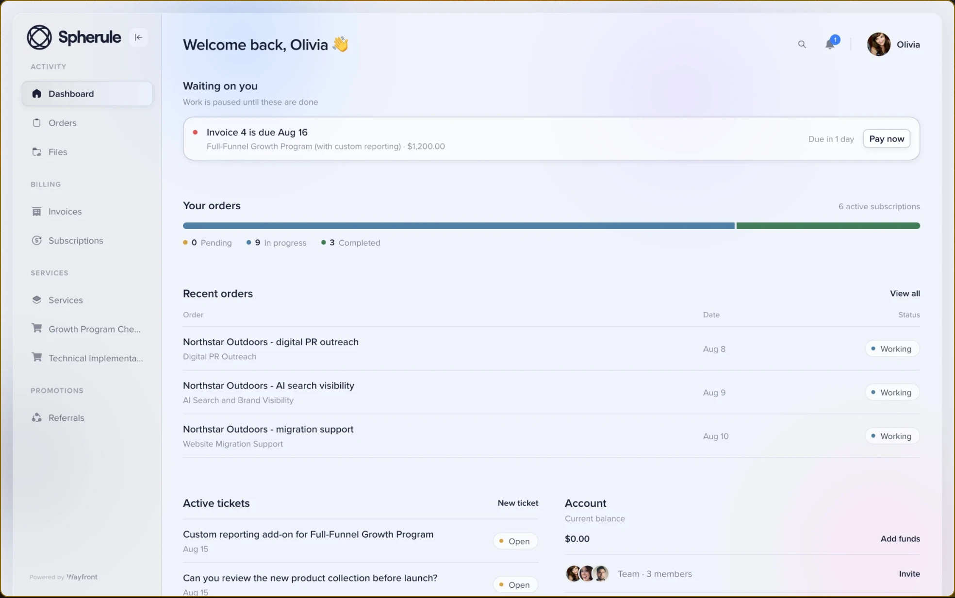 Wayfront client dashboard with order progress, invoices, support tickets, and account balance