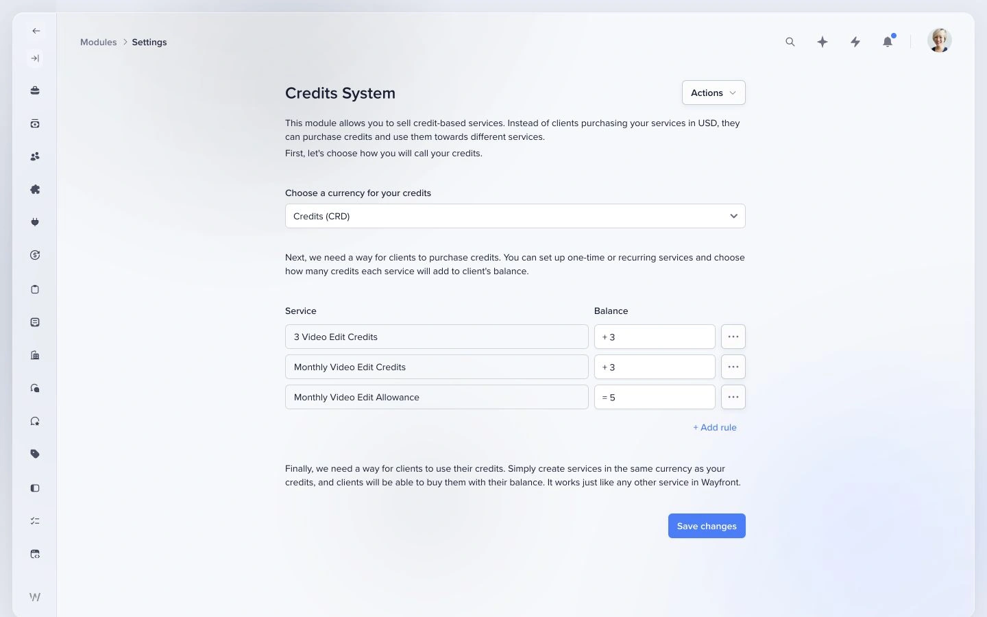 Wayfront credits configuration with one-time and recurring credit purchases