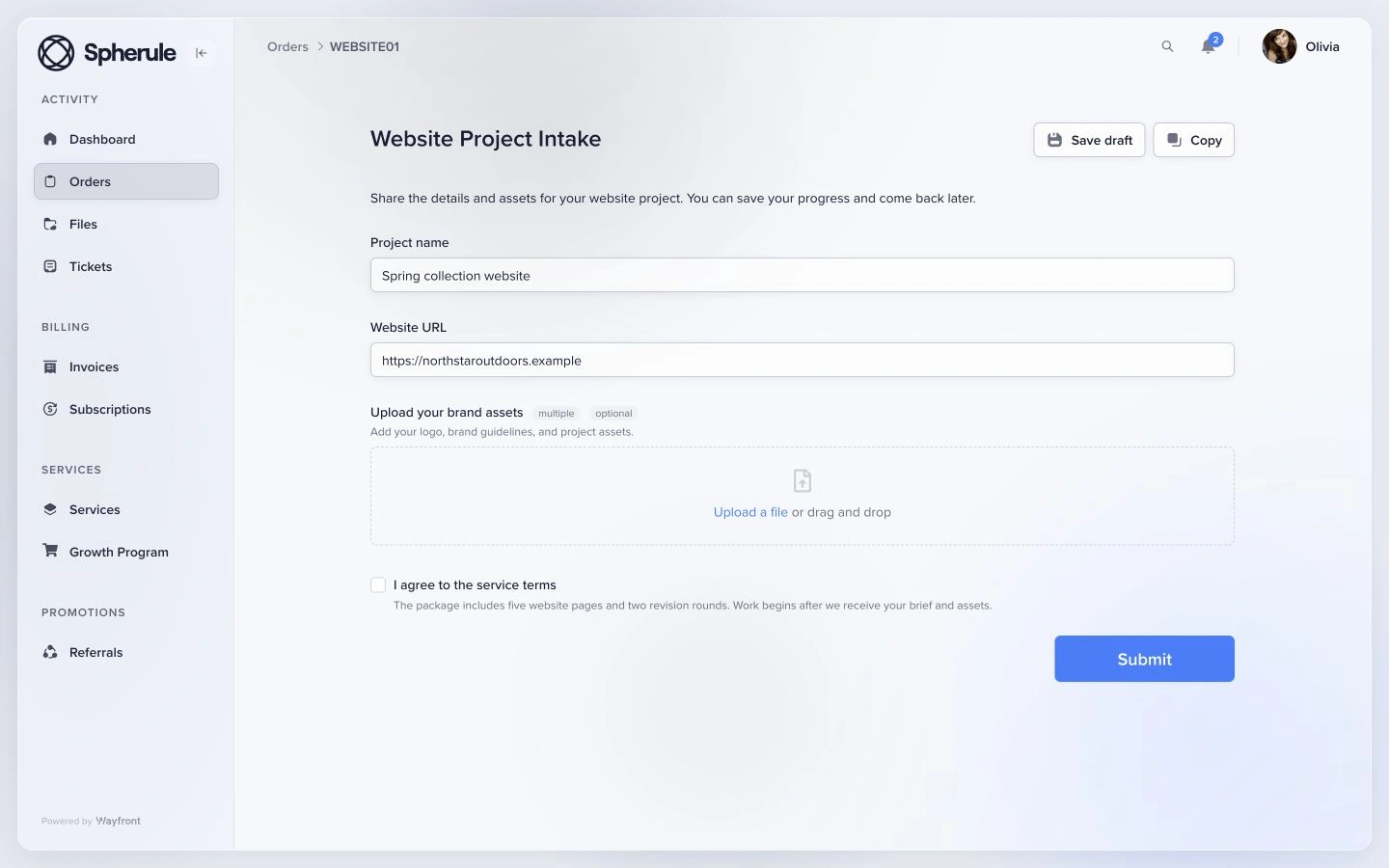 Wayfront website-project intake form with file uploads and service terms