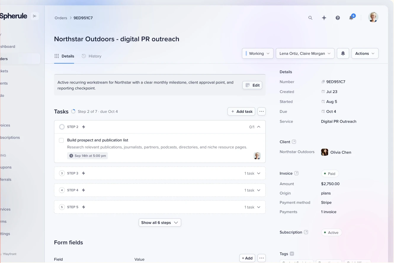 Wayfront staff order view with tasks, assignments, conversation, and client context