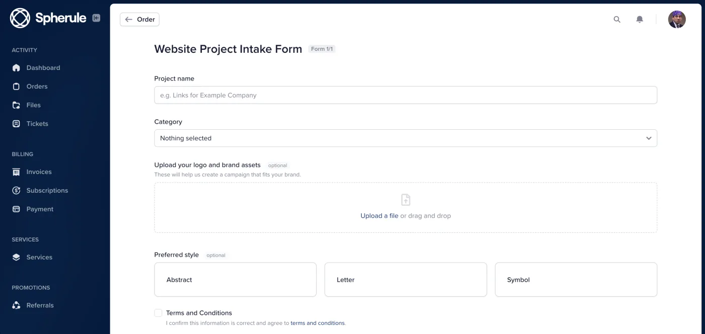 A branded Wayfront project intake form inside the client portal